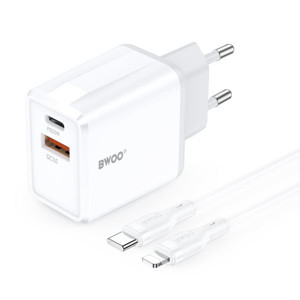 Obrazek BWOO ładowarka sieciowa CDA182 QC 38W USB USB-C biały + kabel Lightning 1m