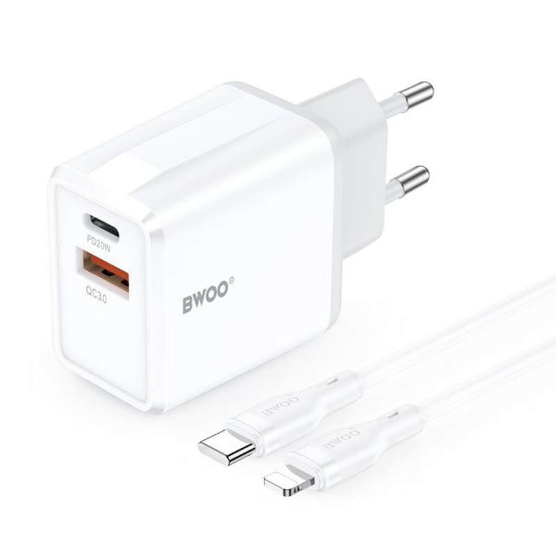 Obrazek BWOO ładowarka sieciowa CDA182 QC 38W USB USB-C biały + kabel Lightning 1m