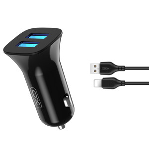 Obrazek XO ładowarka samochodowa TZ10 2x USB 2,4A czarna kabel lightning