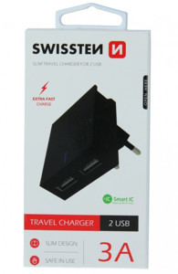 Obrazek Ładowarka sieciowa SWISSTEN 23W QC 3.0 2x USB BLACK