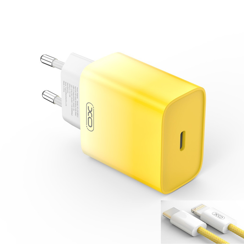 Obrazek XO ładowarka sieciowa CE18 PD 30W USB-C ŻÓŁTO-BIAŁA + KABEL LIGHTNING