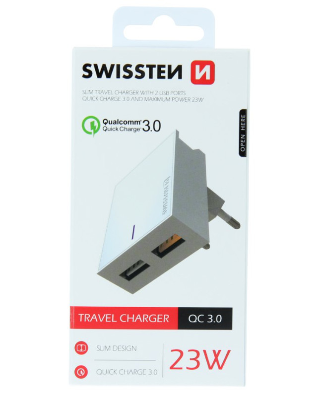 Obrazek Ładowarka sieciowa SWISSTEN 23W QC 3.0 2x USB WHITE