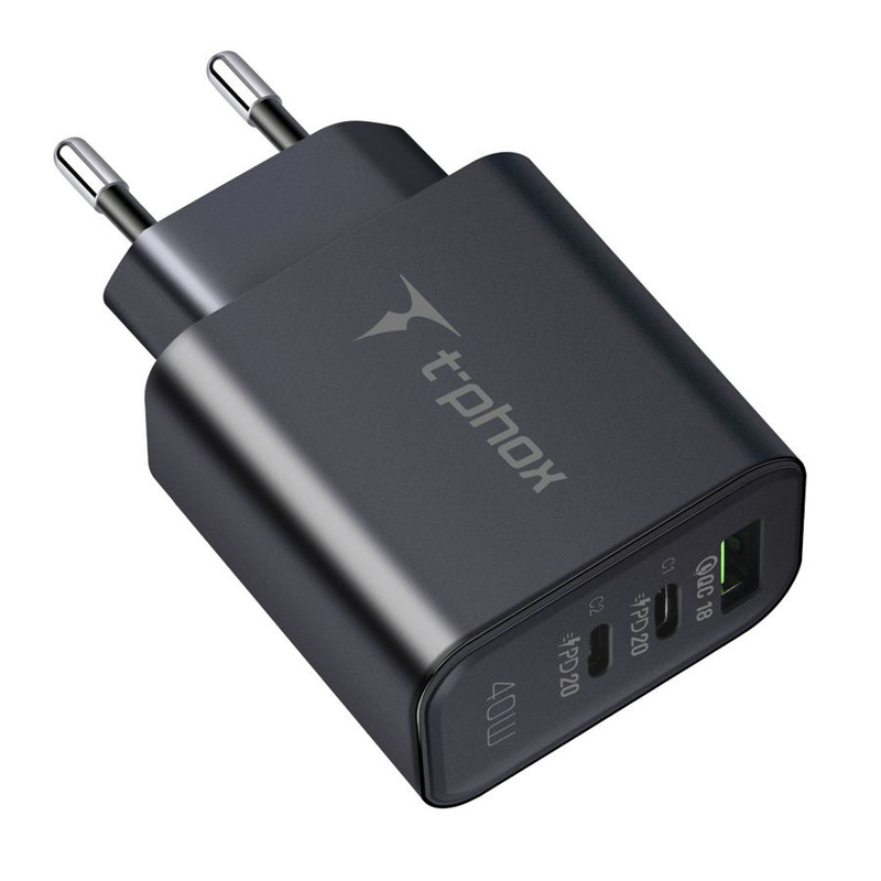 Obrazek Ładowarka sieciowa T-PHOX FLEXI 40W 2xUSB-C/USB BLACK