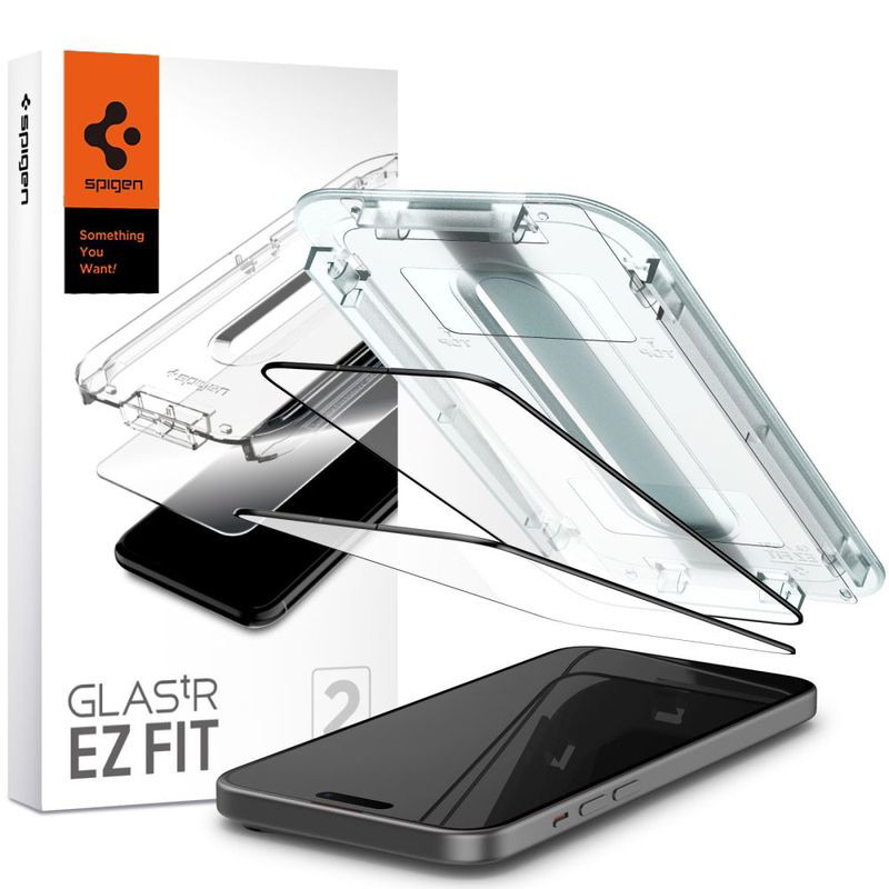 Obrazek SPIGEN GLAS.TR EZ FIT FC IPHONE 15 PLUS 2-PACK BLACK + ADAPTER