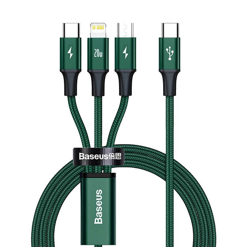 Obrazek KABEL BASEUS RAPID SERIES 3W1 20W 1.5M MICRO USB/USB-C/LIGHTNING GREEN