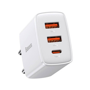 Obrazek Ładowarka sieciowa BASEUS COMPACT QC 2xUSB/USB-C PD 3A 30W BIAŁA/WHITE