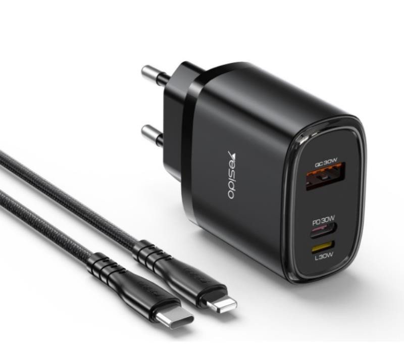 Obrazek Yesido ładowarka sieciowa YC52 PD 30W QC USB-A+C +iP + Kabel 27W Type-C - Lightning 1m, BLACK / CZARNY