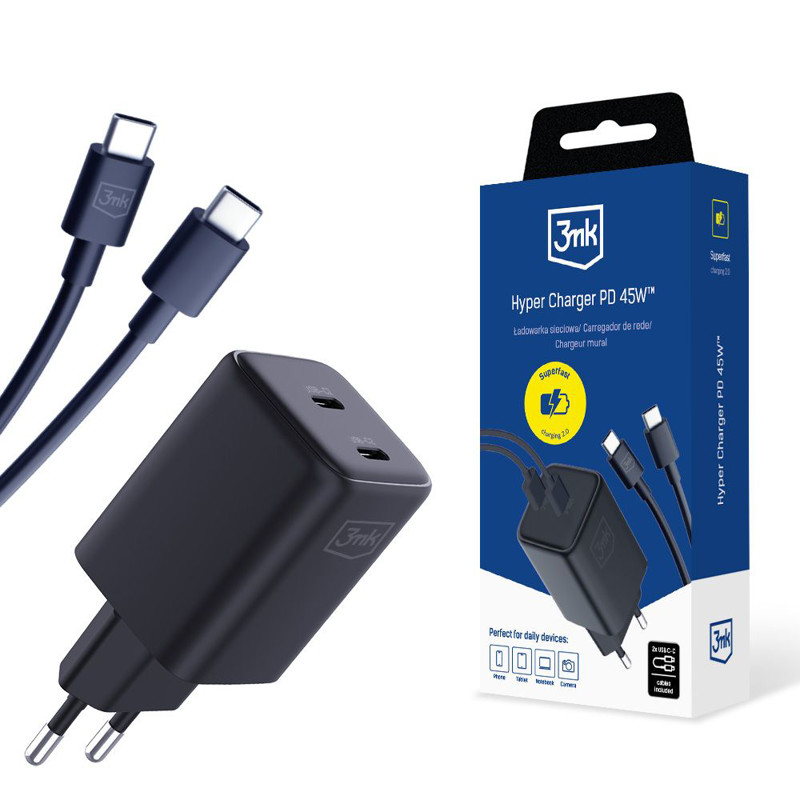 Obrazek 3MK ŁAD SIEC HYPER CHARGER 45W PD+USB
Z KABLEM UBS-C/USB-C CZARNA