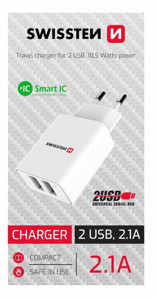 Obrazek SWISSTEN ładowarka sieciowa SMART IC 2xUSB 2,1A BIAŁA (CDU)