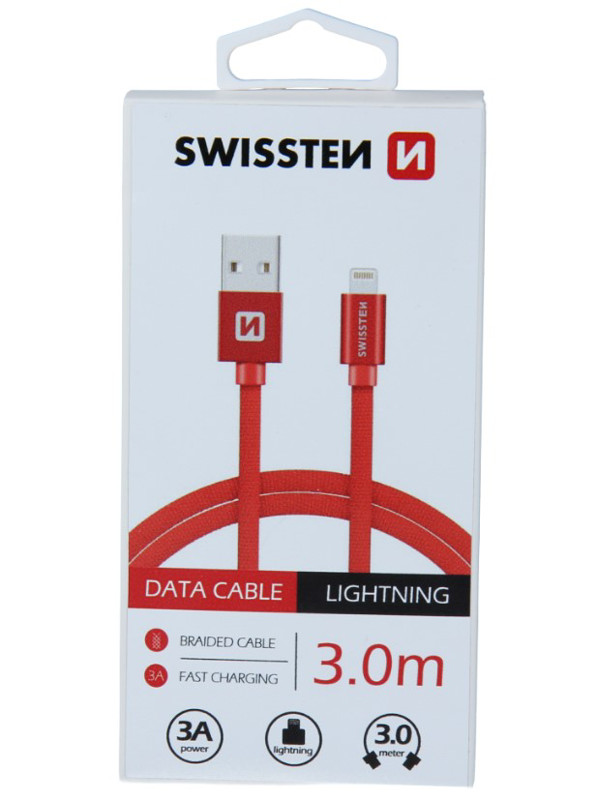 Obrazek Swissten Data Cable TEXTILE USB/LIGHT 3M RED