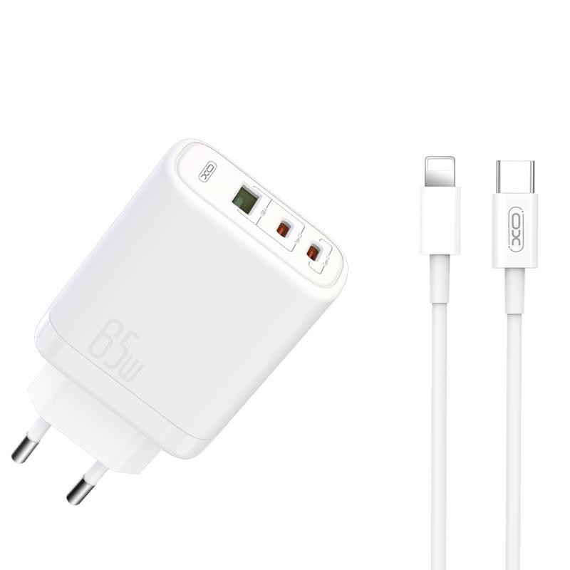 Obrazek XO ładowarka sieciowa CE04 PD 65W QC4 USB 2xUSB-C BIAŁA + KABEL USB-C/LIGHTNING