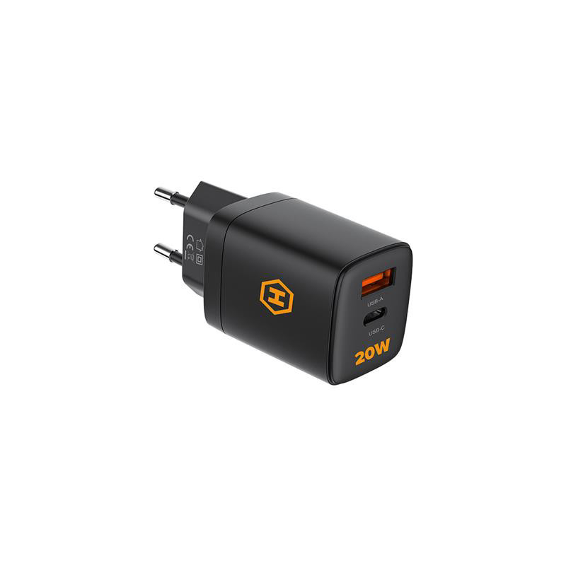 Obrazek Ładowarka sieć Hammer Rapid Charge Duo PD 20W USB-A+C, BLACK / CZARNY