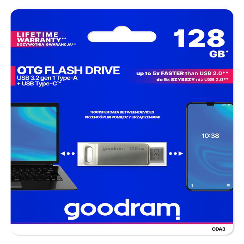 Obrazek PenDrive 3.2 GOODRAM ODA3 SILVER 128GB TYPE-A + TYPE-C