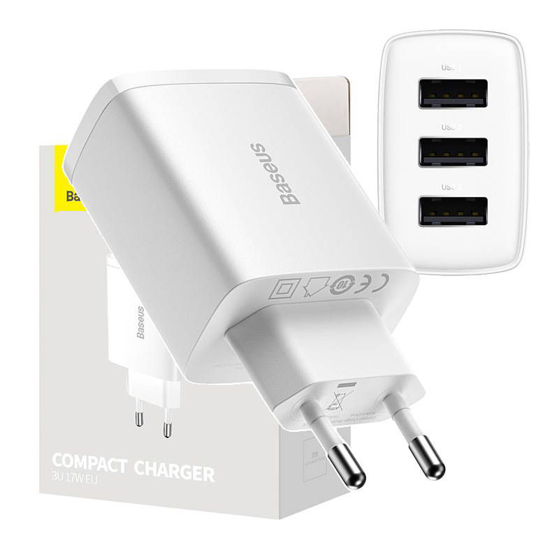 Obrazek Ładowarka sieciowa BASEUS COMPACT QUICK CHARGER 3xUSB 17W BIAŁA/WHITE