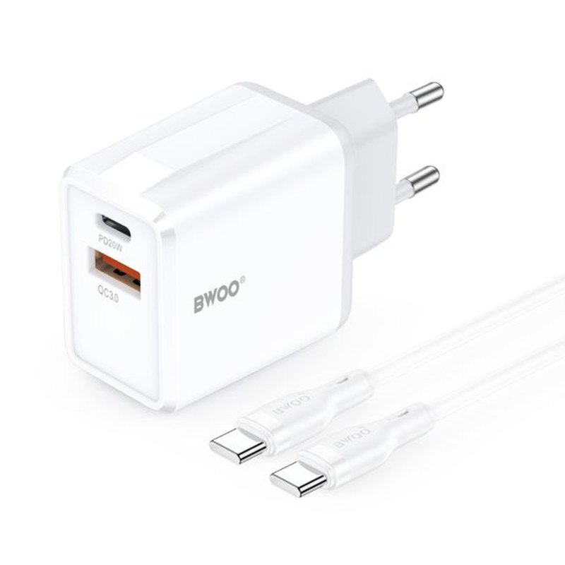 Obrazek BWOO ładowarka sieciowa CDA182 QC 38W USB USB-C biały + kabel USB-C 1m