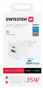 Obrazek Ładowarka sieciowa SWISSTEN GaN 1xUSB-C PD 35W 1xUSB 27W QC WHITE