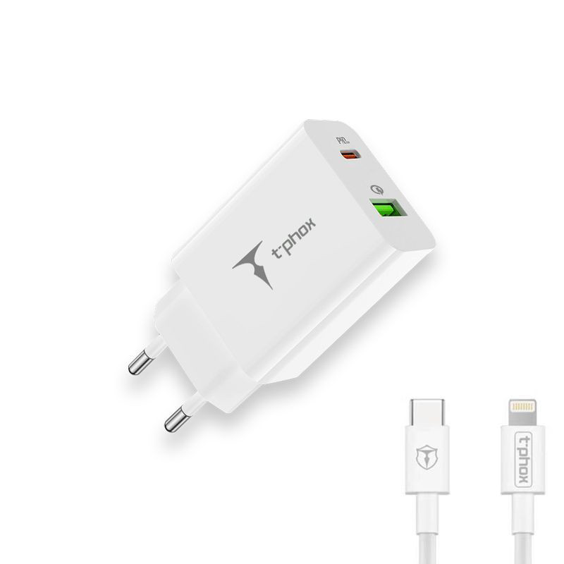 Obrazek Ładowarka sieciowa T-PHOX SPEEDY USB-C 20W/USB 18W PD QC + KABEL LIGHTNING 1M BIAŁA/WHITE