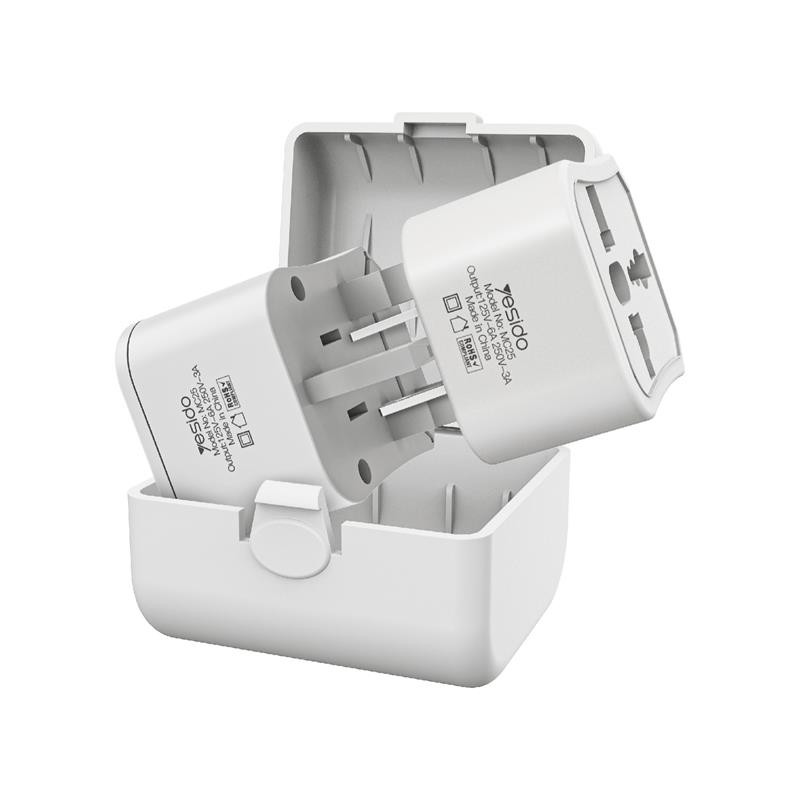 Obrazek Yesido Uniwersalny Adapter MC25 750W 3A UK/EU/US/AU, WHITE / BIAŁY