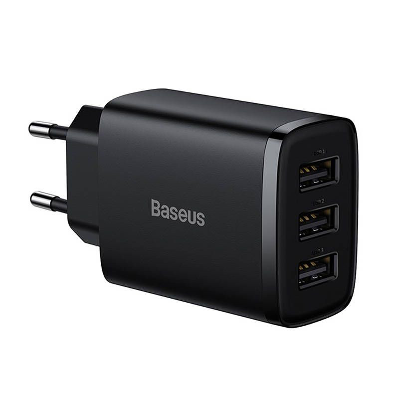 Obrazek Ładowarka sieciowa BASEUS COMPACT QUICK CHARGER 3xUSB 17W CZARNA/BLACK