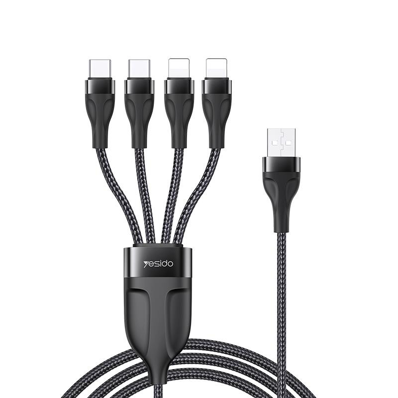 Obrazek Yesido Kabel CA111 USB-4w1 (2xType-C + 2xLightning) 1.2m 4A, BLACK / CZARNY