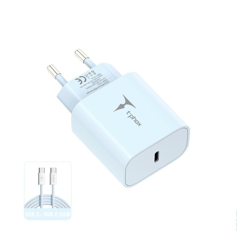 Obrazek Ładowarka sieciowa T-PHOX MODERATE SERIES T-PP11 20W + KABEL USB-C/USB-C 60W BLUE