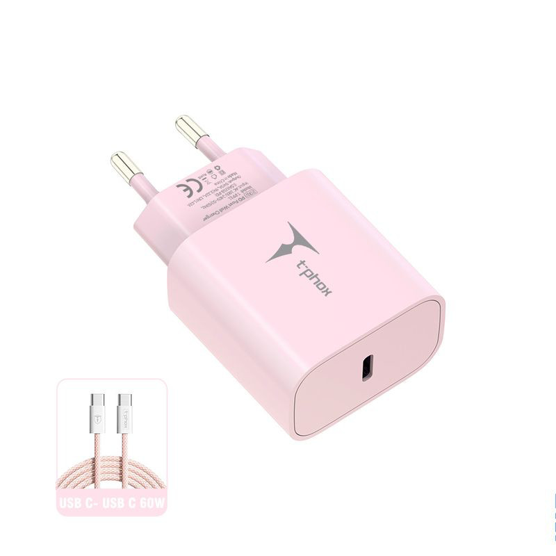 Obrazek Ładowarka sieciowa T-PHOX MODERATE SERIES T-PP11 20W + KABEL USB-C/USB-C 60W PINK