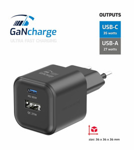 Obrazek Ładowarka sieciowa SWISSTEN GaN 1xUSB-C PD 35W 1xUSB 27W QC BLACK