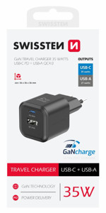 Obrazek Ładowarka sieciowa SWISSTEN GaN 1xUSB-C PD 35W 1xUSB 27W QC BLACK