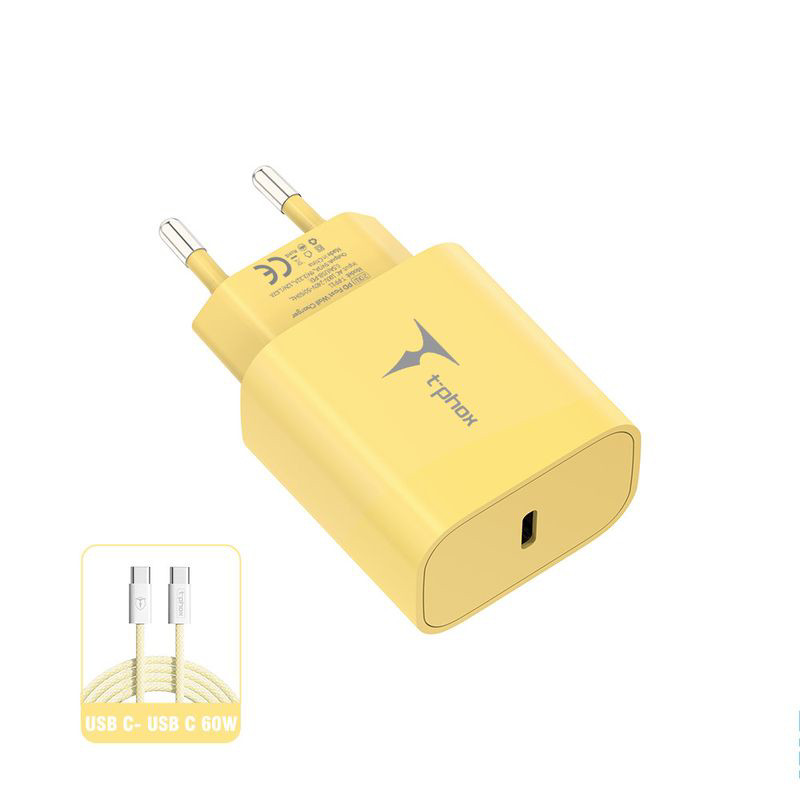 Obrazek Ładowarka sieciowa T-PHOX MODERATE SERIES T-PP11 20W + KABEL USB-C/USB-C 60W YELLOW