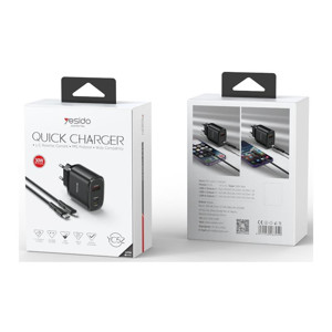 Obrazek Yesido ładowarka sieciowa YC52 PD 30W QC USB-A+C +iP + Kabel 27W Type-C - Lightning 1m, BLACK / CZARNY