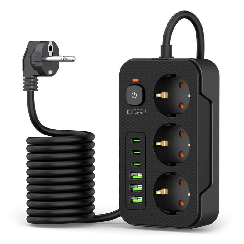 Obrazek TECH-PROTECT PRZEDŁUŻACZ POWER SOCKET PC3X6 3xUSB/3xUSB-C 200M BLACK