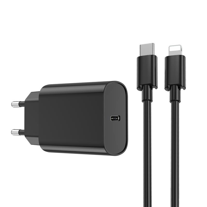 Obrazek WIWU Ładowarka Sieciowa Wi-U001 PD 20W 1x USB-C czarna + kabel USB-C -Lightning