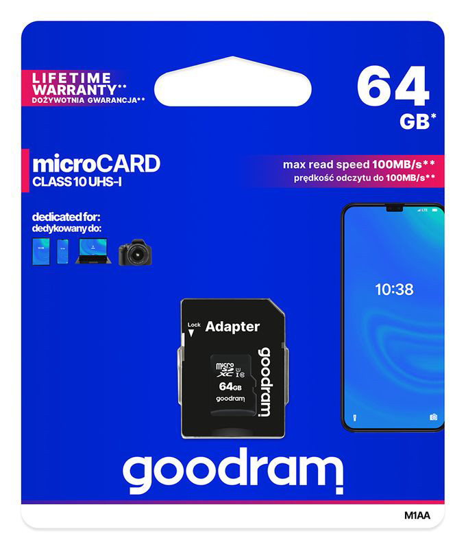 Obrazek Karta MicroSD UHS I 64GB GOODRAM + Ad CL10 UHS + adapter