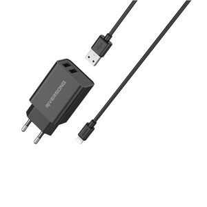 Obrazek Riversong ładowarka sieciowa SafeKub D2 2xUSB 12W czarny AD29 +kabel type-C CT85