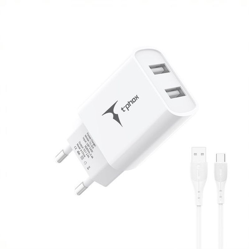 Obrazek Ładowarka sieciowa T-PHOX POCKET SERIES 2xUSB TCC-224 2.4A 12W + KABEL USB-C 1M WHITE