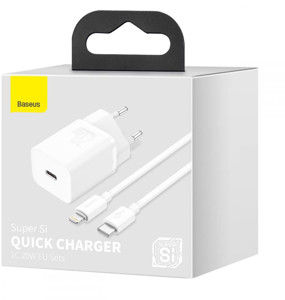 Obrazek Ładowarka sieciowa BASEUS SUPER SI QC USB-C 20W + KABEL SIMPLE TYPE-C TO LIGHTNING 1M WH