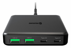 Obrazek Ładowarka sieciowa SWISSTEN GAN 65W 2xUSB-C 2xUSB Stacja ładująca na biurko