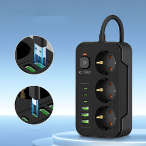 Obrazek TECH-PROTECT PRZEDŁUŻACZ POWER SOCKET PC3X6 3xUSB/3xUSB-C 200M BLACK