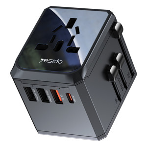 Obrazek Yesido MC24 Uniwersalny Adapter UK/EU/US /AUS Max 8A (3xUSB+USB-C) BLACK / CZARNY