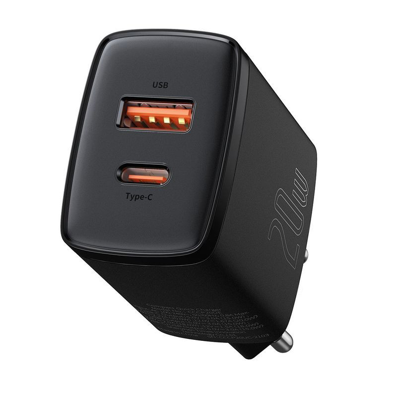 Obrazek Ładowarka sieciowa BASEUS COMPACT QC USB-USB-C 20W CZARNA/BLACK