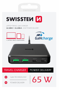 Obrazek Ładowarka sieciowa SWISSTEN GAN 65W 2xUSB-C 2xUSB Stacja ładująca na biurko