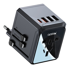 Obrazek Yesido MC24 Uniwersalny Adapter UK/EU/US /AUS Max 8A (3xUSB+USB-C) BLACK / CZARNY