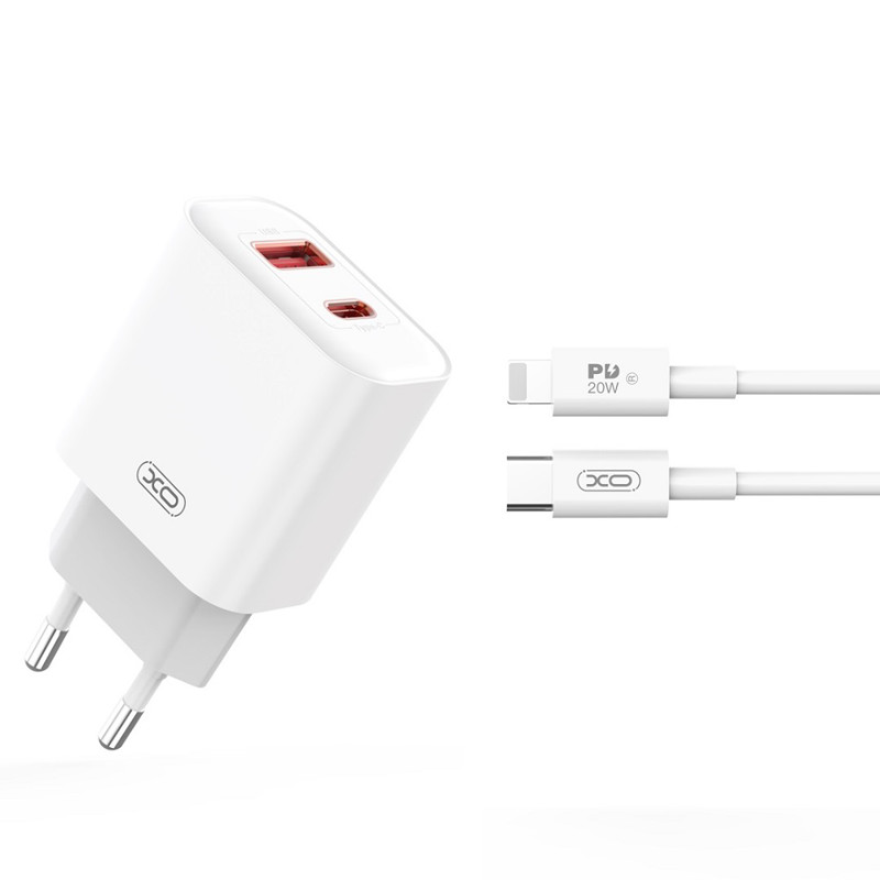 Obrazek XO ładowarka sieciowa CE12 PD QC 3.0 20W BIAŁA + KABEL USB-C/LIGHTNING