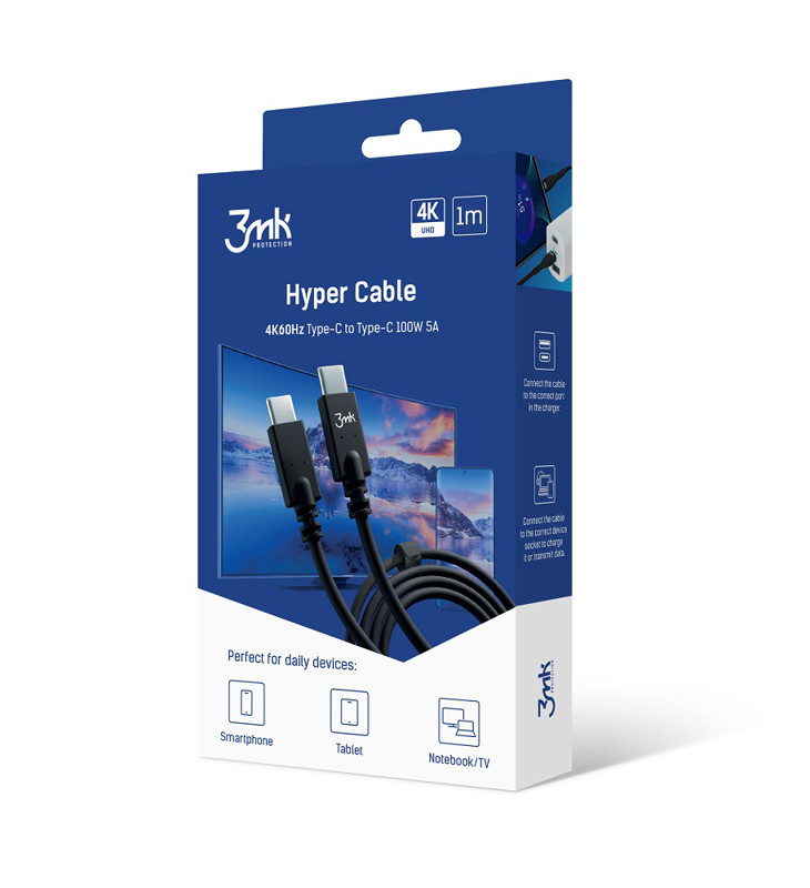 Obrazek 3MK KABEL HYPER TYPE-C/TYPE-C 1M 100W 5A 4K 60HZ BLACK