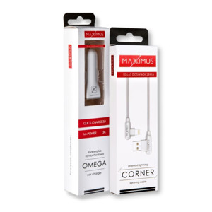 Obrazek Zestaw ładowarka samochodowa Maxximus Omega 3A + KABEL MX CORNER FAST CHARGE LIGHTNING