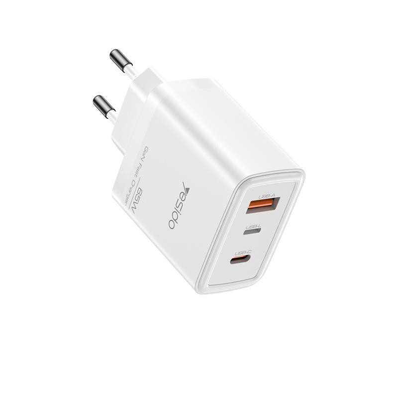 Obrazek Yesido ładowarka sieciowa YC70 PD 65W QC USB-A+C +iP + Kabel 27W Type-C - Lightning 1m, WHITE / BIAŁY