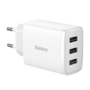 Obrazek Ładowarka sieciowa BASEUS COMPACT QUICK CHARGER 3xUSB 17W BIAŁA/WHITE