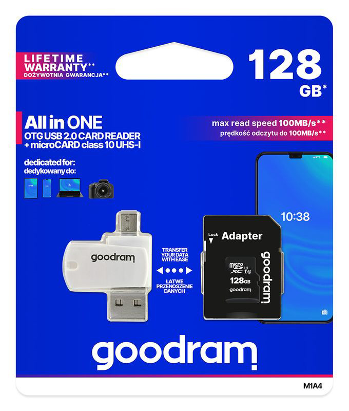 Obrazek Karta MicroSD UHS I 128GB GOODRAM +Ad CL10 + czytnik kart USB 2.0 + microUSB B