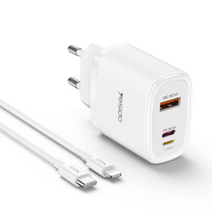 Obrazek Yesido ładowarka sieciowa YC52 PD 30W QC USB-A+C +iP + Kabel 27W Type-C - Lightning 1m, WHITE / BIAŁY