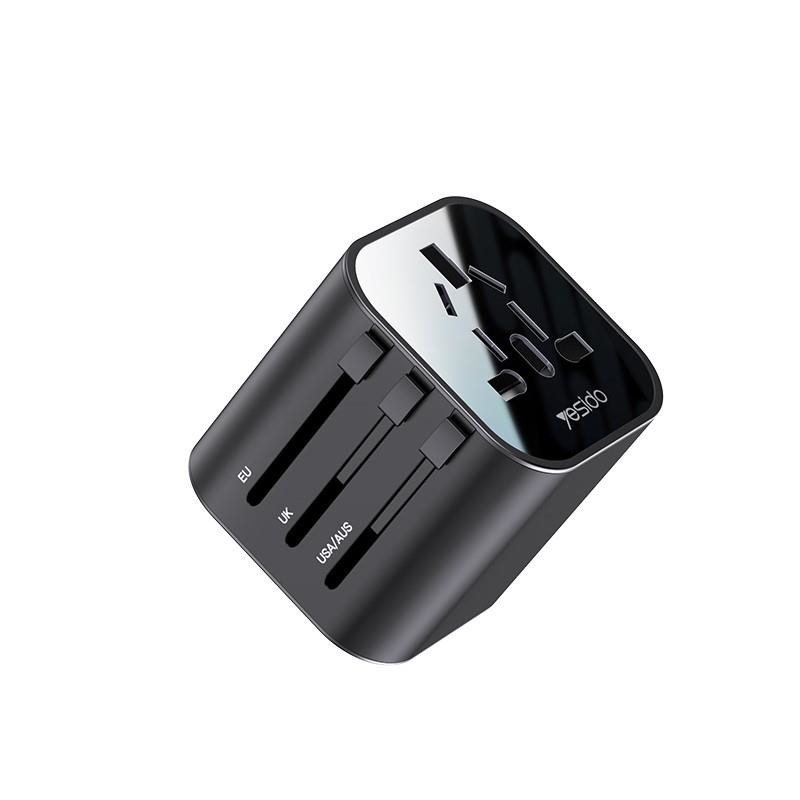Obrazek Yesido Uniwersalny Adapter MC09 UK/EU/US /AU Max 8A, BLACK / CZARNY